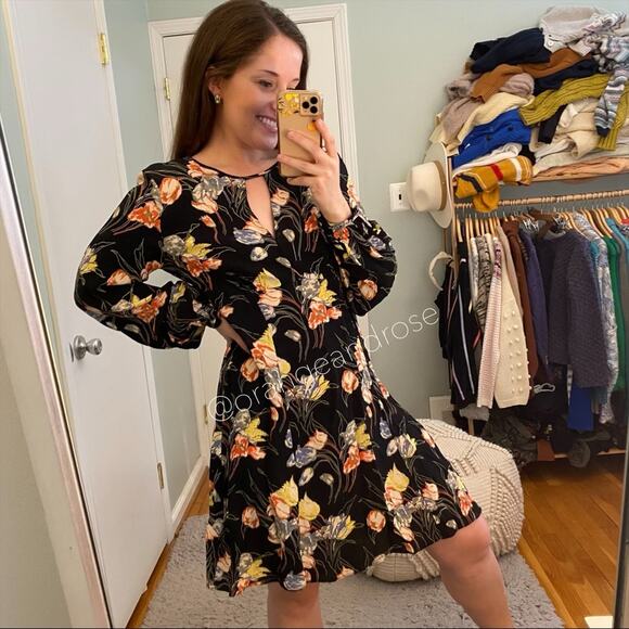 byTiMo Black Floral Spring Summer Easter Open Front Long Sleeve Mini Dress M - Picture 5 of 13